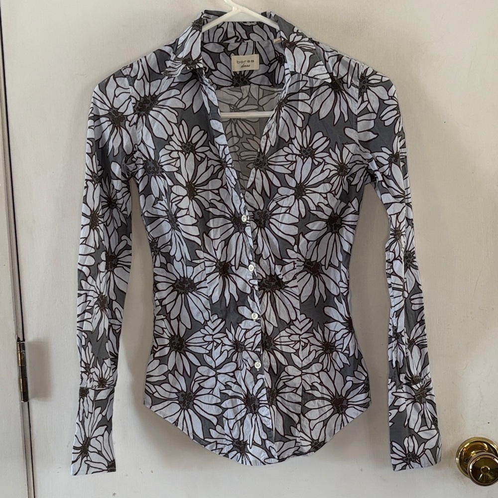 Borsa Donna blue grey floral button front v-neck long sleeve blouse Size 38/S